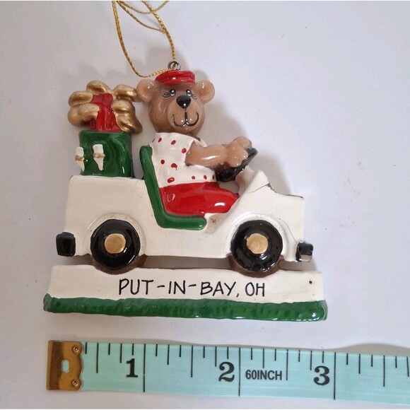 Vintage Golf Bear Cart Christmas Ornament Clay Dough Handpainted Put In Bay Ohio - Picture 3 of 3